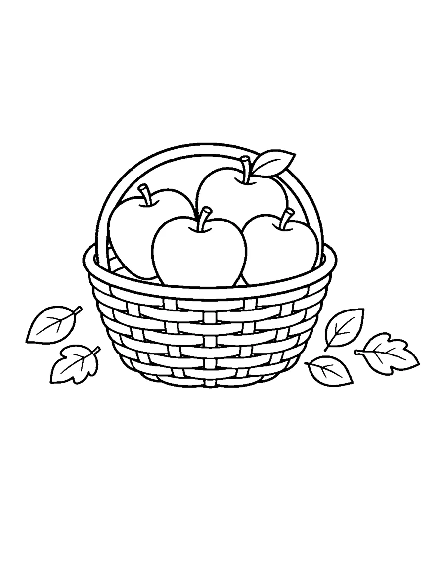 Woven basket full of apples with fallen leaves, autumn coloring page