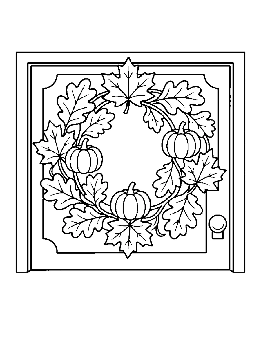 Wreath of oak and maple leaves with small pumpkins on a front door, autumn coloring page