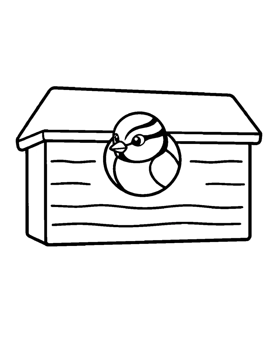 Blue Tit Coloring Page: Blue tit peeking out of a round nest box. Thick lines and big spaces, easy to color for beginners and seniors.