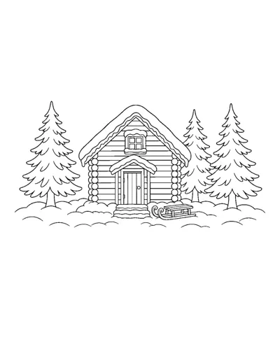 Log Cabin in the Pines Coloring Page: free printable line art