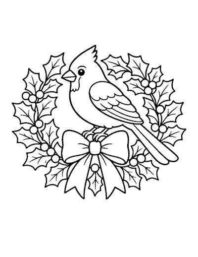 Cardinal Christmas Wreath Coloring Page: free printable line art