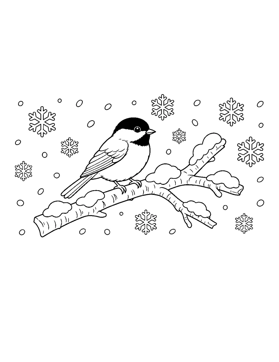 Chickadee bird on a snowy birch branch with snowflakes, large print winter coloring page