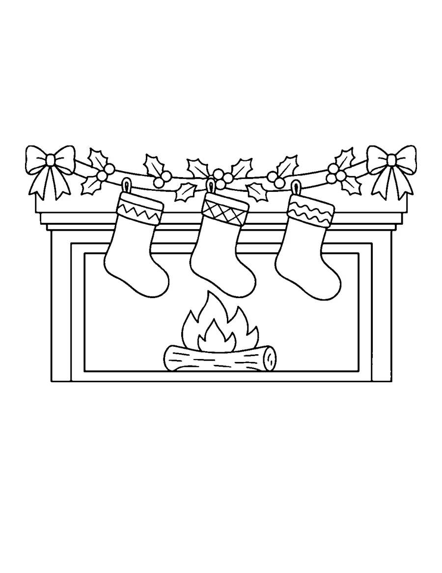 Three Christmas stockings hanging over a fireplace with garland and bows, coloring page