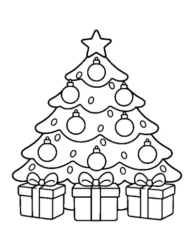 Christmas Tree with Presents Coloring Page: free printable line art