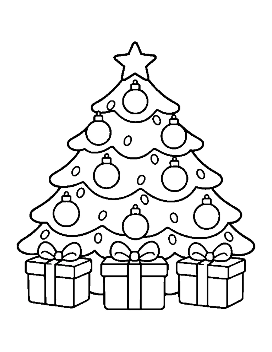 Decorated Christmas tree with star, baubles and wrapped presents, easy coloring page