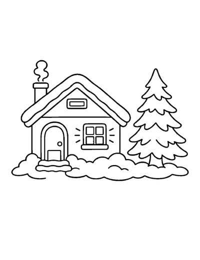 Cozy Snowy Cottage Coloring Page: free printable line art
