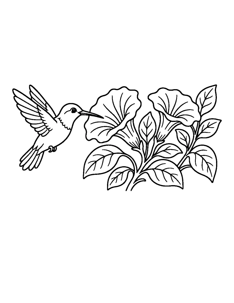 Detailed Hummingbird Coloring Page: A more detailed hummingbird page with feather lines and extra shapes, for colorists who like a little challenge.