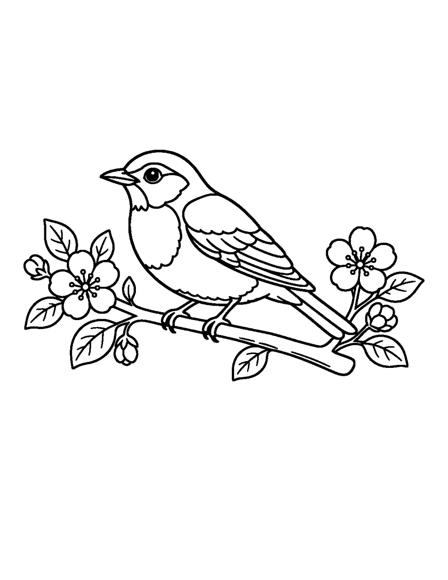 Detailed Robin Coloring Page: A more detailed robin page with feather lines and extra shapes, for colorists who like a little challenge.