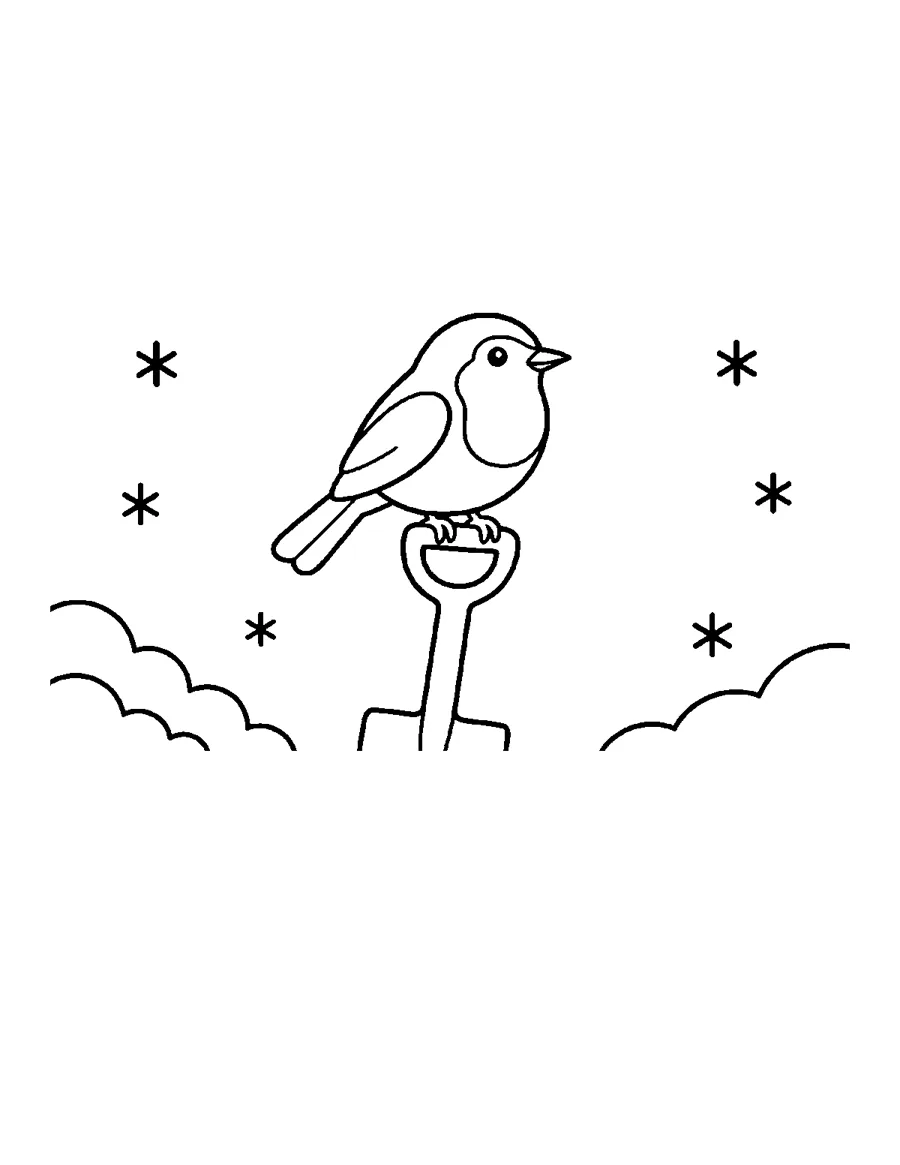 European Robin Coloring Page: European robin on a garden spade handle in the snow. Thick lines and big spaces, easy to color for beginners and seniors.