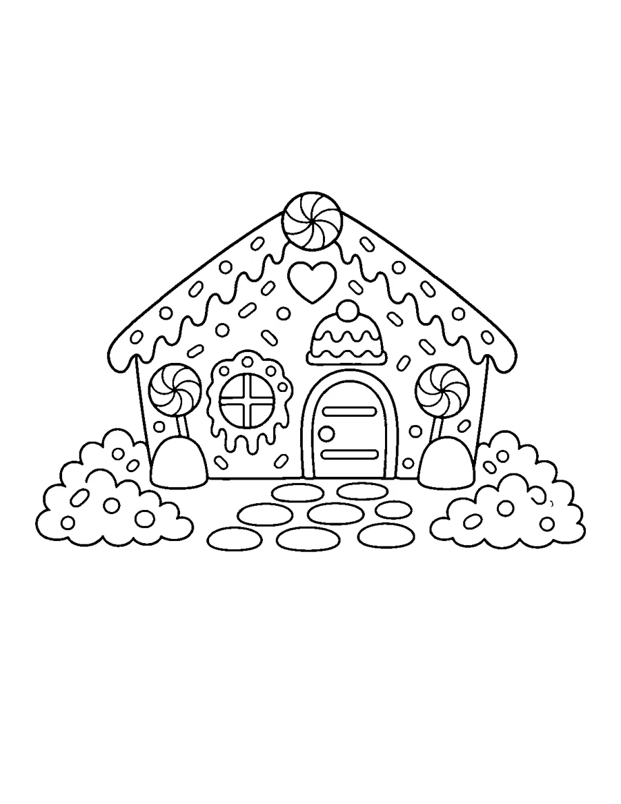 Gingerbread house with candy, icing and a stepping-stone path, Christmas coloring page