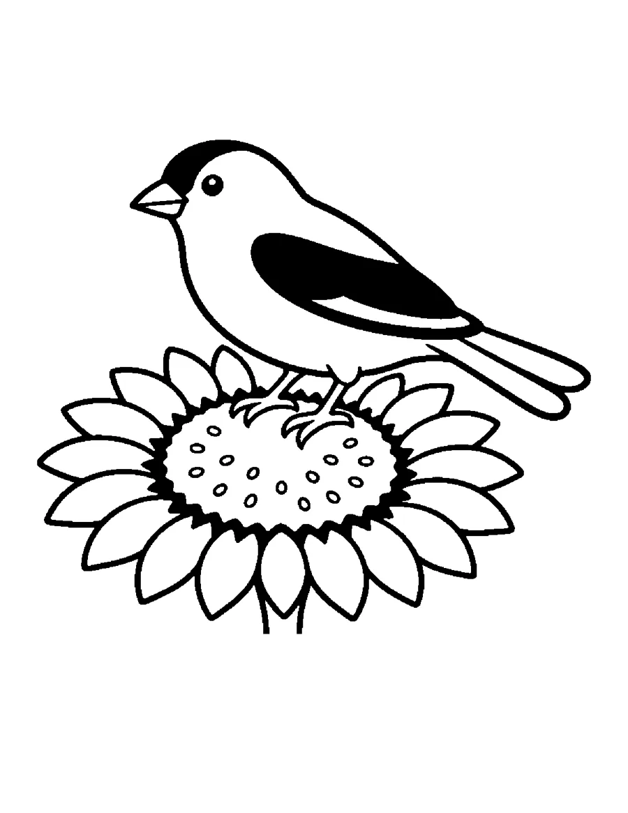 Goldfinch Coloring Page: Goldfinch perched on a tall sunflower head. Thick lines and big spaces, easy to color for beginners and seniors.