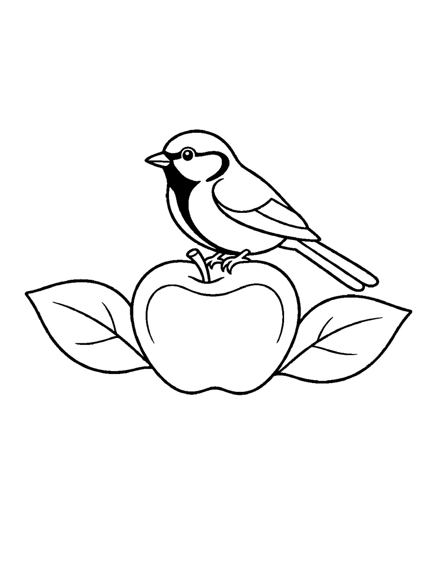 Great Tit Coloring Page: Great tit on an apple with two big leaves. Thick lines and big spaces, easy to color for beginners and seniors.