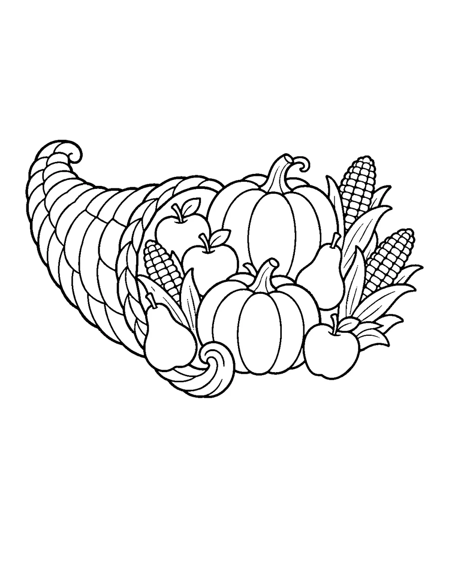 Cornucopia full of pumpkins, apples, pears and corn, Thanksgiving coloring page