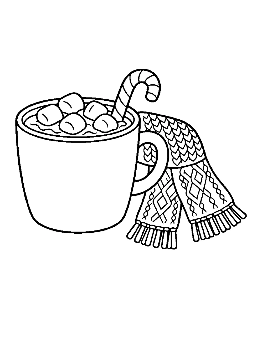 Mug of hot chocolate with marshmallows, candy cane and knitted scarf, coloring page