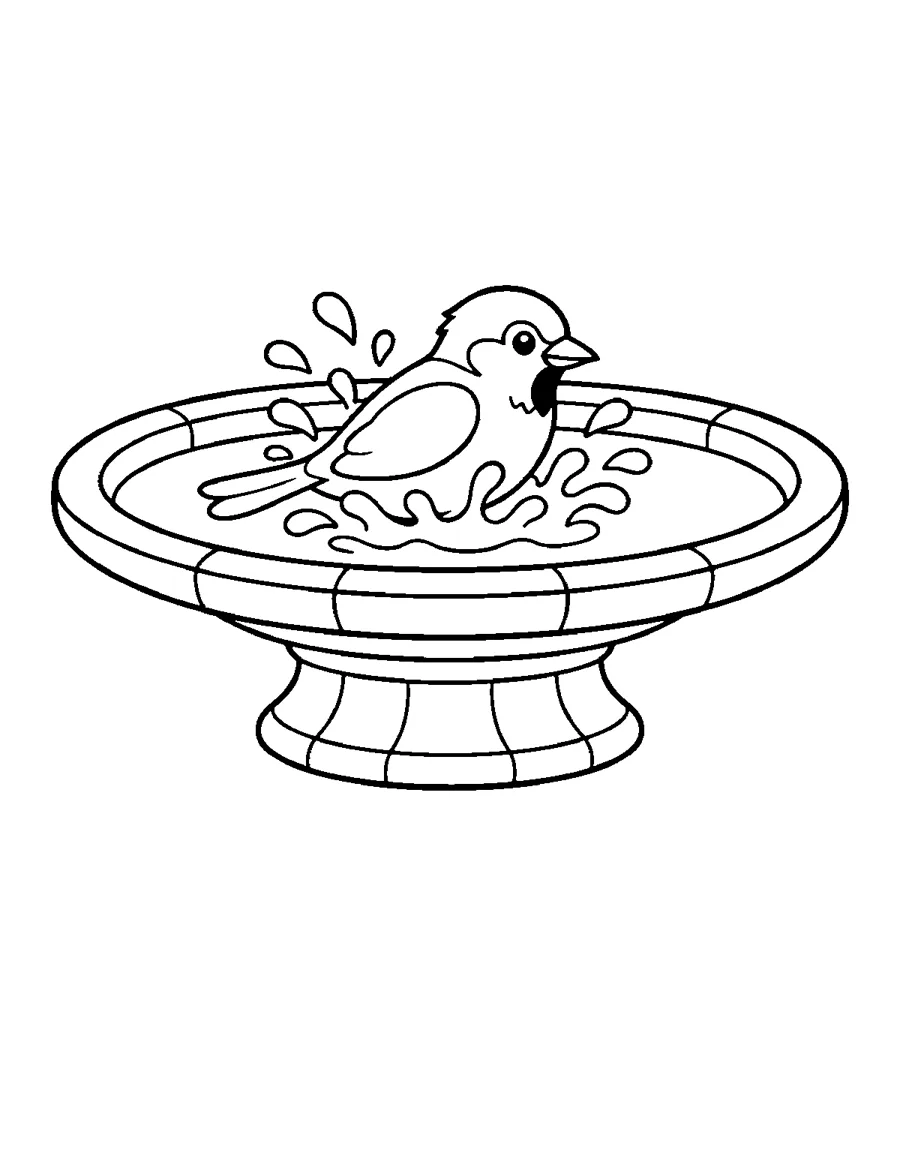 House Sparrow Coloring Page: Sparrow splashing in a round stone birdbath. Thick lines and big spaces, easy to color for beginners and seniors.