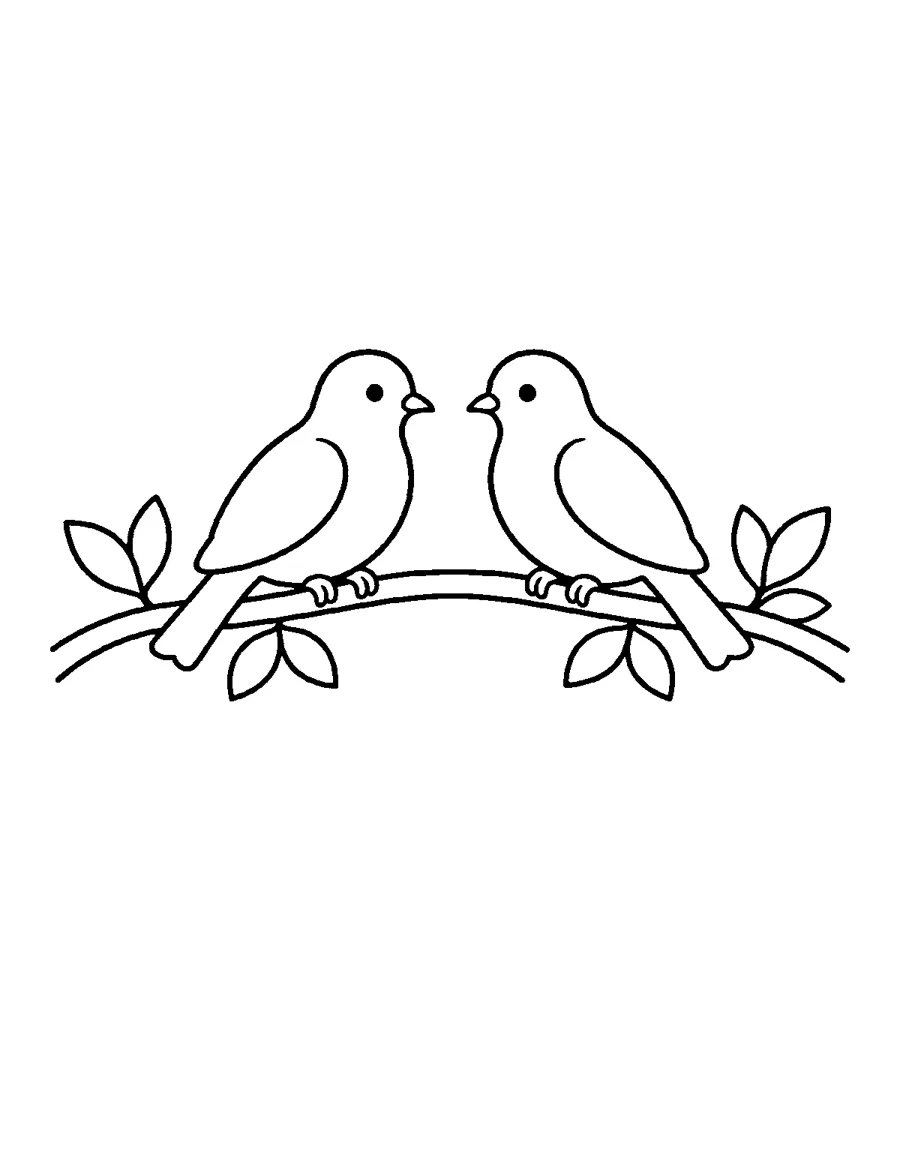 Mourning Dove Coloring Page: Two mourning doves side by side on a simple branch. Thick lines and big spaces, easy to color for beginners and seniors.