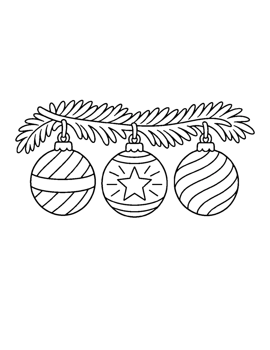 Three large Christmas baubles hanging from a pine branch, large print coloring page