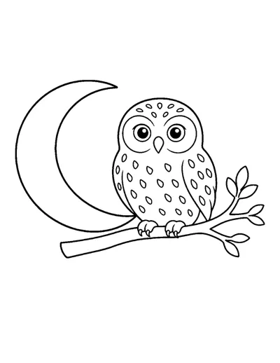 Snowy Owl and Winter Moon Coloring Page: free printable line art