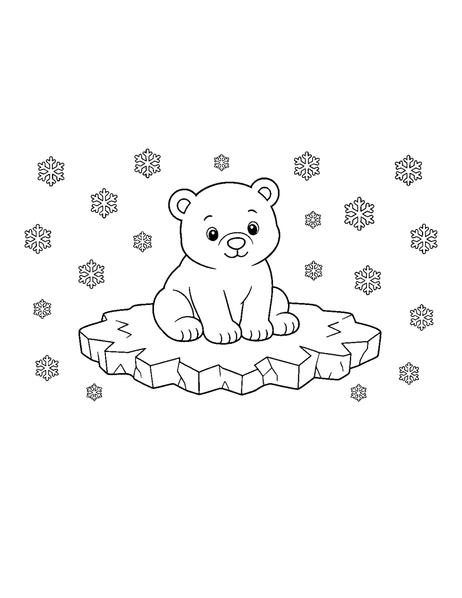Polar bear cub on an ice floe with snowflakes, easy winter coloring page