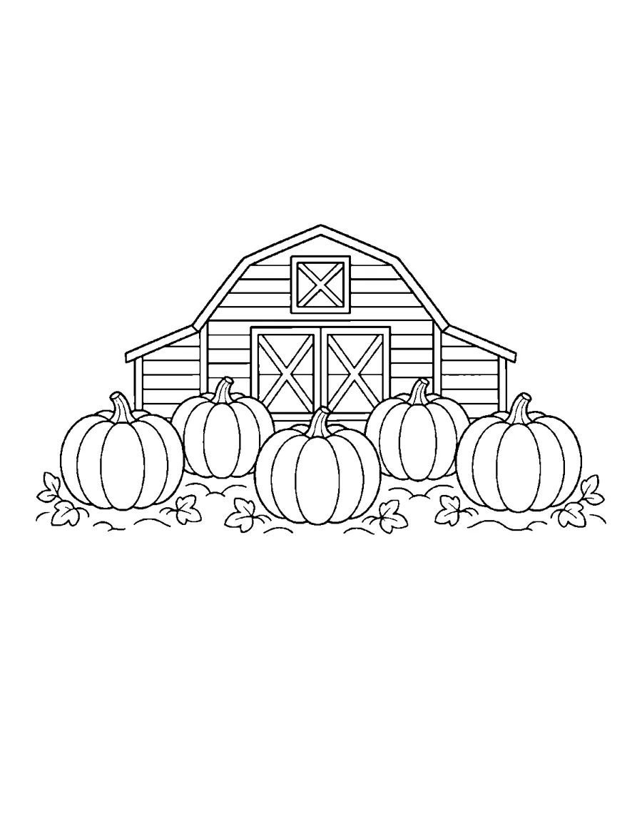 Five pumpkins in front of a wooden barn, autumn coloring page