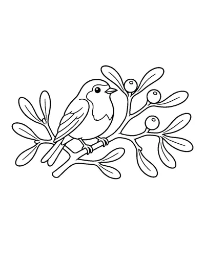 Robin on Mistletoe Coloring Page: free printable line art