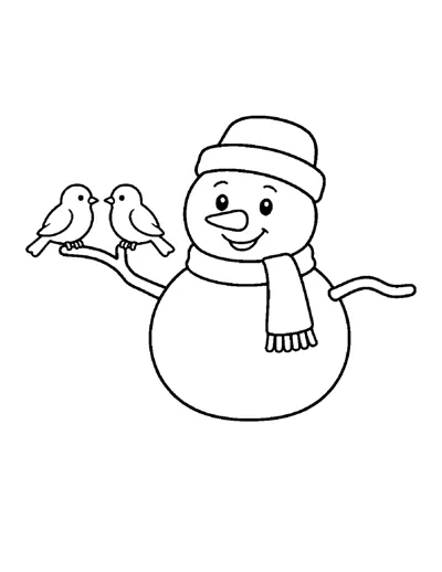 Snowman with Birds Coloring Page: free printable line art