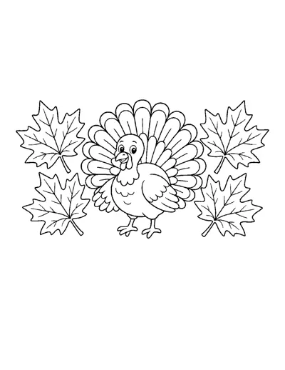 Turkey with Autumn Leaves Coloring Page: free printable line art