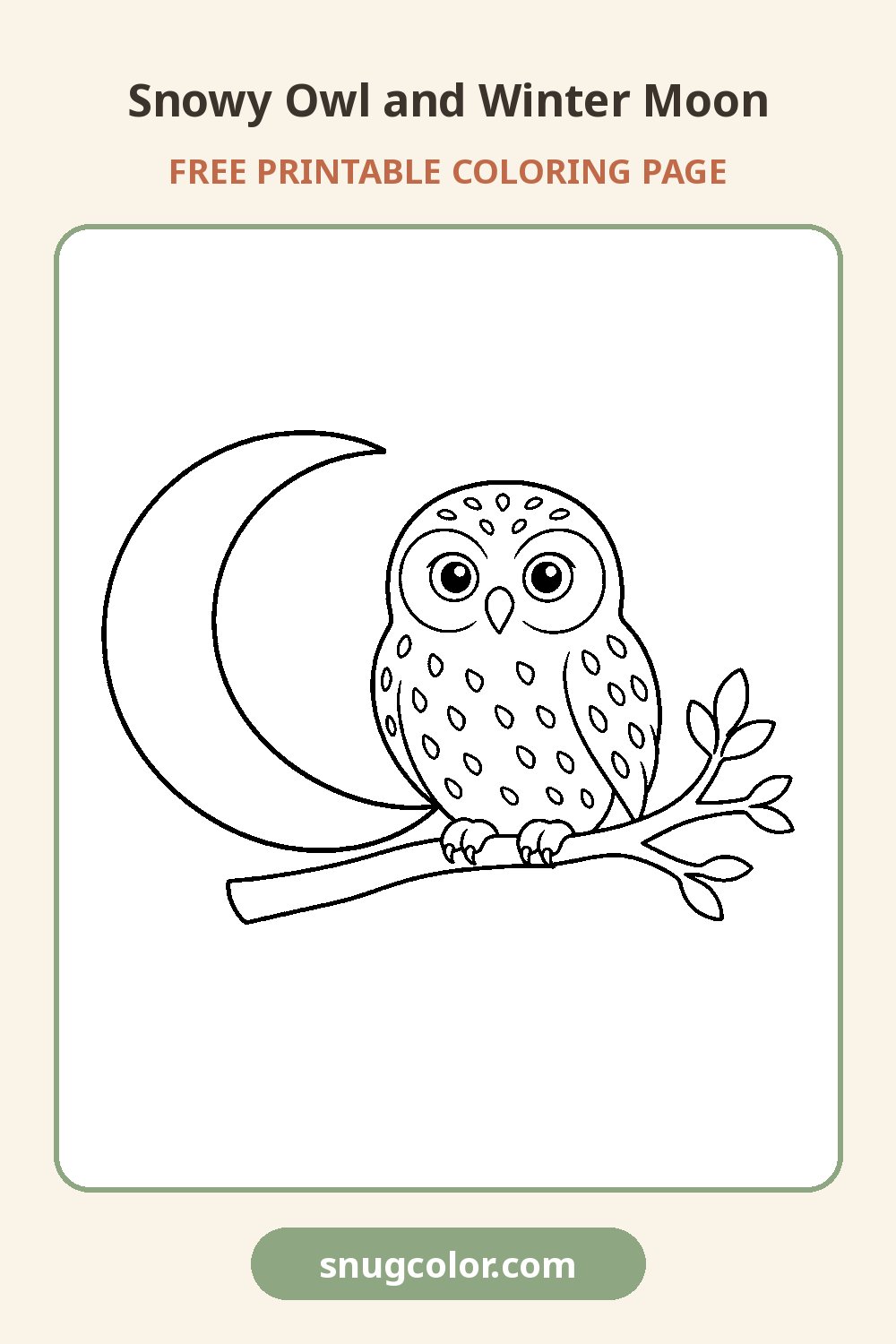 Snowy Owl and Winter Moon Coloring Page Pinterest pin
